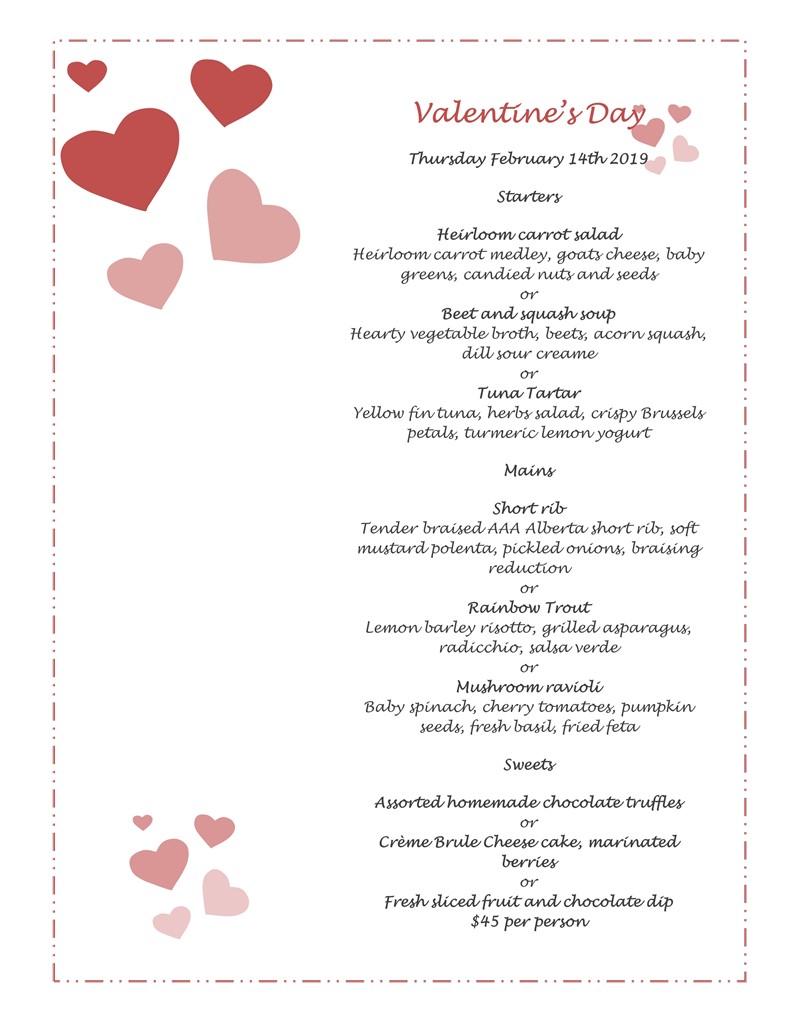 Valentine's day dinner menu Valentine's day dinner menu